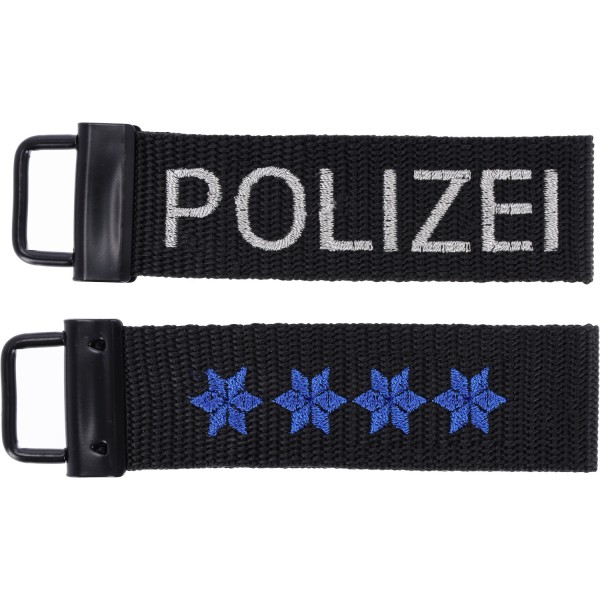 Gurtband-Schlüsselanhänger mit Stick POLIZEI, schwarz 4 Sterne blau -  Polizeihauptmeister/in