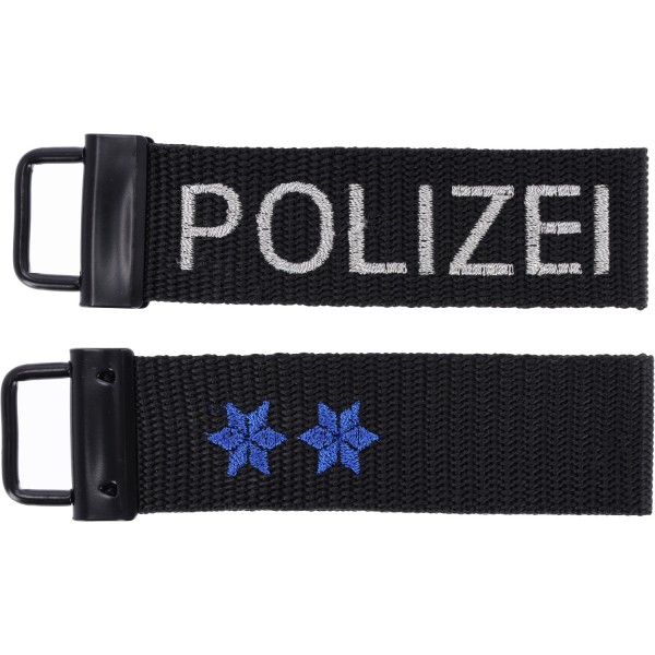Gurtband-Schlüsselanhänger mit Stick POLIZEI, schwarz 2 Sterne blau -  Polizeimeister/in